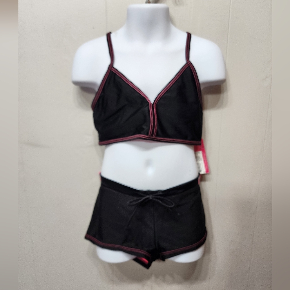 NWT Xhiliration Tankini Swimsuit Medium 7 - 8 Black Pink Swim Beach Summer C438
